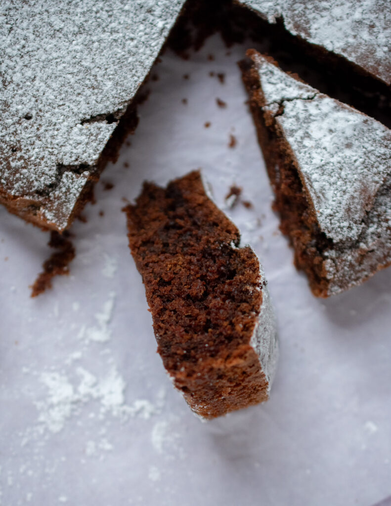 a close up of a slice of dairy free chocolate cake