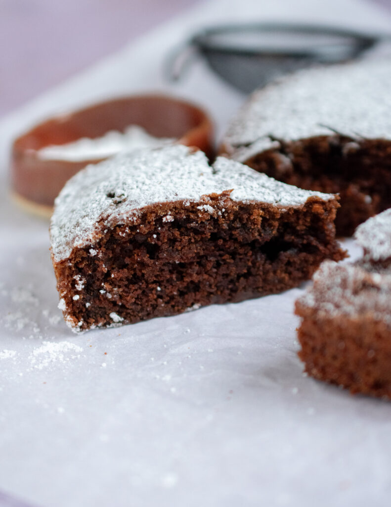 a close up of a slice of dairy free chocolate cake