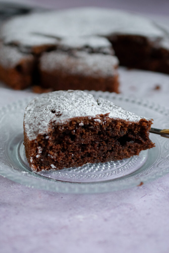 a close up of a slice of dairy free chocolate cake
