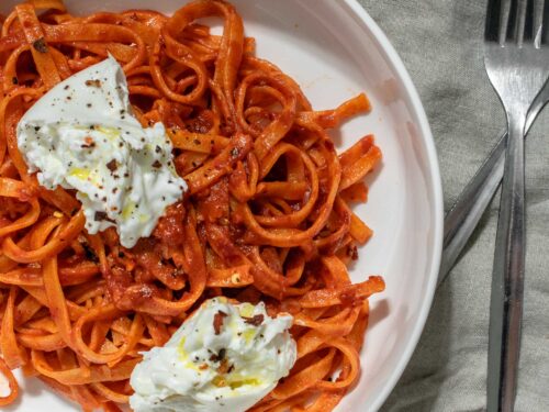 Quick 'Nduja Pasta with Burrata - Dished by Kate