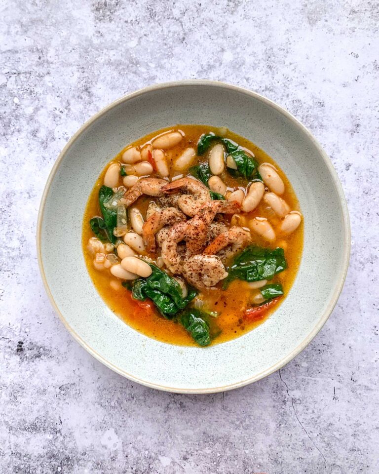 Harissa Cannellini Beans Soup with Sumac Shrimp Apron & Whisk
