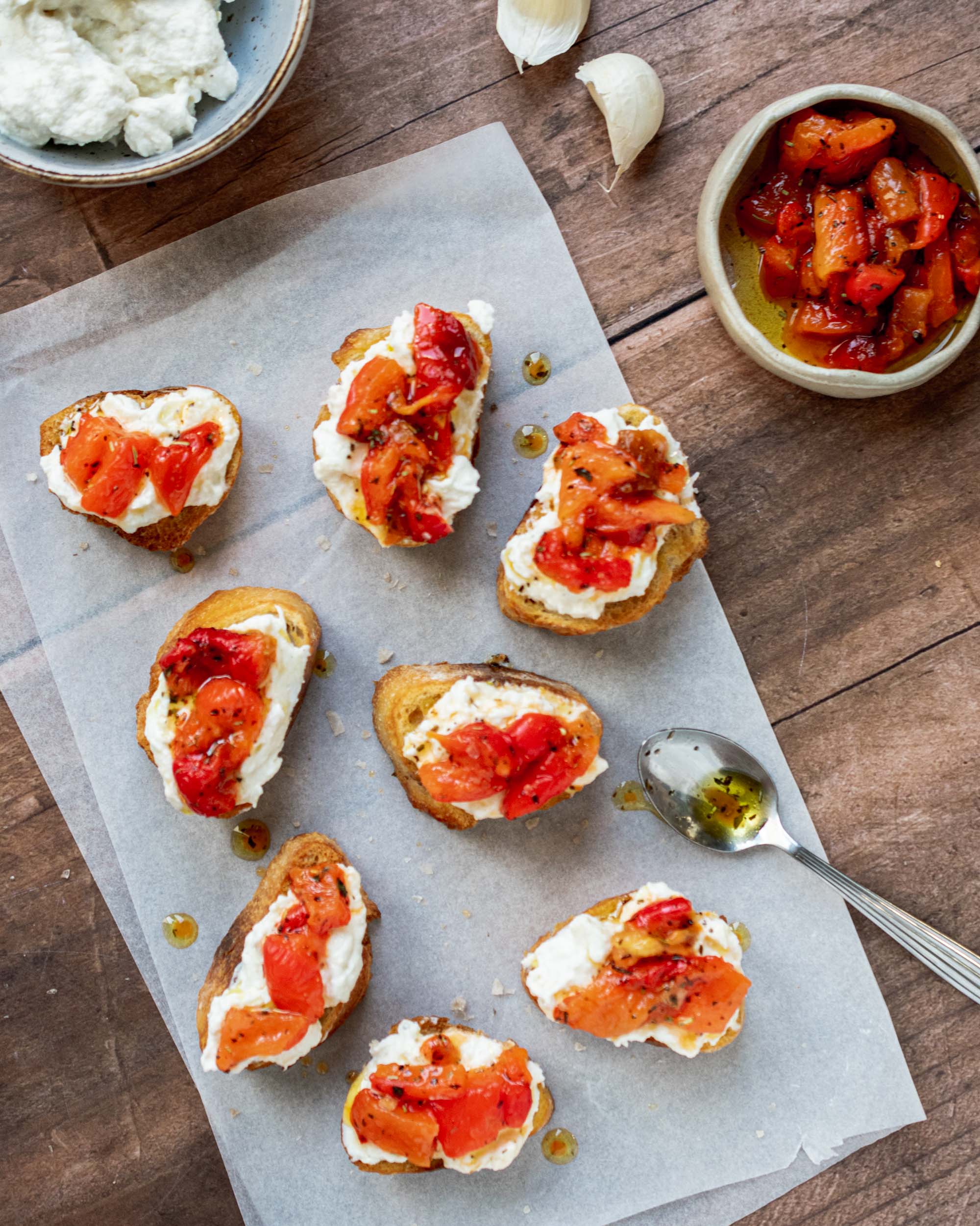 Roasted Garlic Ricotta and Red Peppers Crostini Apron & Whisk