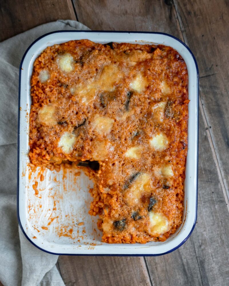 Baked Rice with Aubergines and Cheese - Apron & Whisk