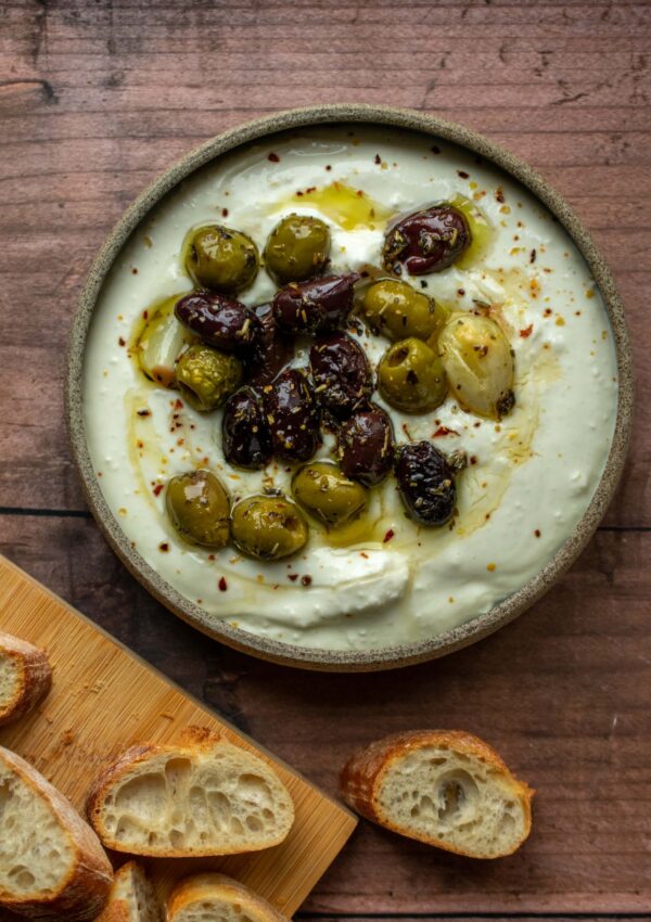 Creamy Whipped Goat Cheese with Roasted Olives