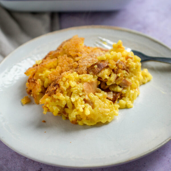 Creamy Baked Rice with Prosciutto and Cheese