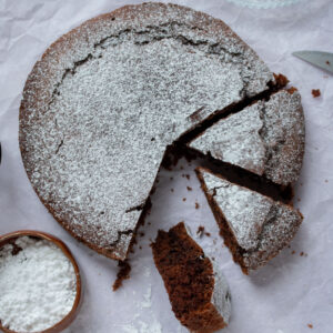 a dairy free chocolate cake with few slices cut